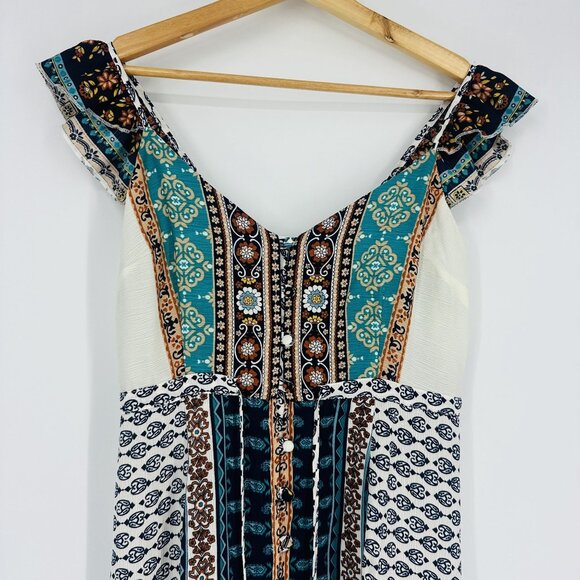 American Rag Teal Multi Sleeveless Ruffle Strap Button Down Tassel Maxi Dress S - Picture 3 of 10